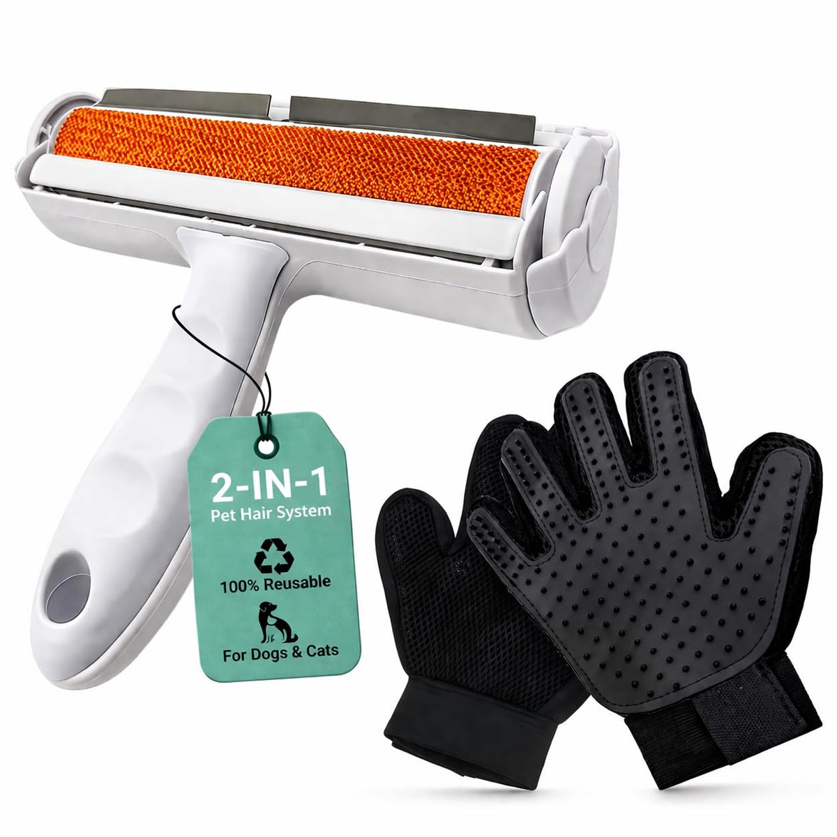Pet Hair Remover Roller with Grooming Gloves – Reusable Lint Roller for Dog & Cat Hair, Furniture, Couch, Carpet & Clothes – 2-in-1 Pet Hair Removal Kit
