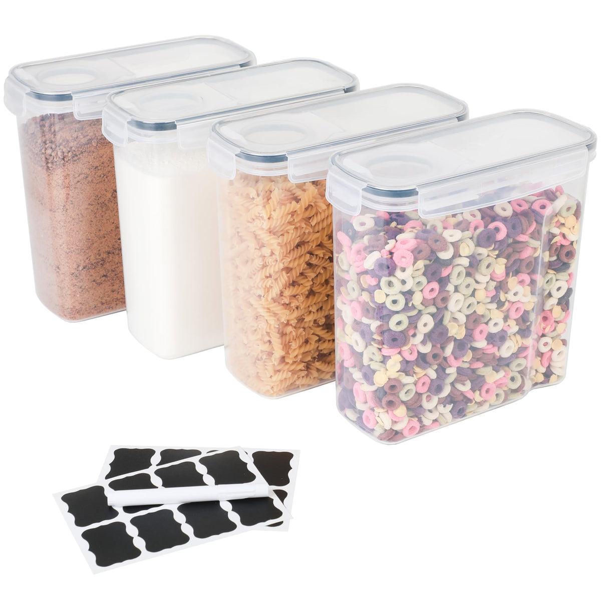 4 Pack Stackable Airtight Food Storage Containers (4L/135.2 oz) with Lids, Labels & Marker, BPA-Free Leakproof Pantry Organization for Cereal, Flour, Rice & Dry Food