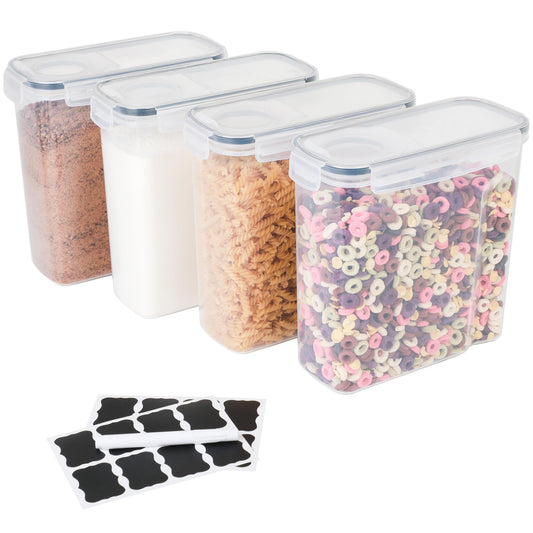 4 Pack Stackable Airtight Food Storage Containers (4L/135.2 oz) with Lids, Labels & Marker, BPA-Free Leakproof Pantry Organization for Cereal, Flour, Rice & Dry Food