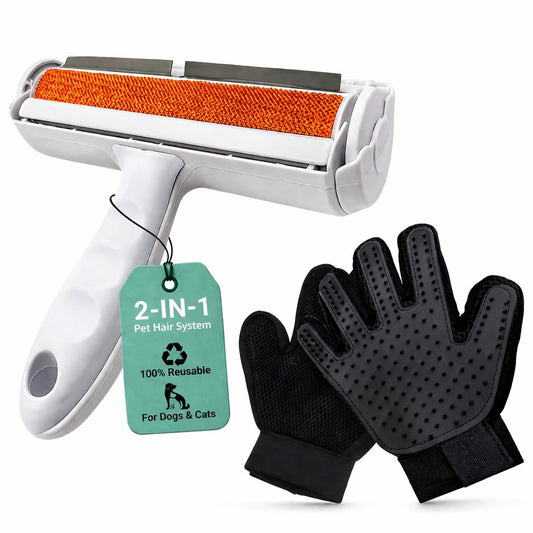 Pet Hair Remover Roller with Grooming Gloves – Reusable Lint Roller for Dog & Cat Hair, Furniture, Couch, Carpet & Clothes – 2-in-1 Pet Hair Removal Kit