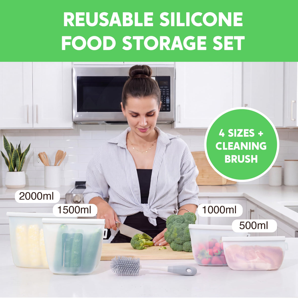 Everlygoods FreshLock Reusable Silicone Food Storage Bags 4 Pack with Cleaning Brush
