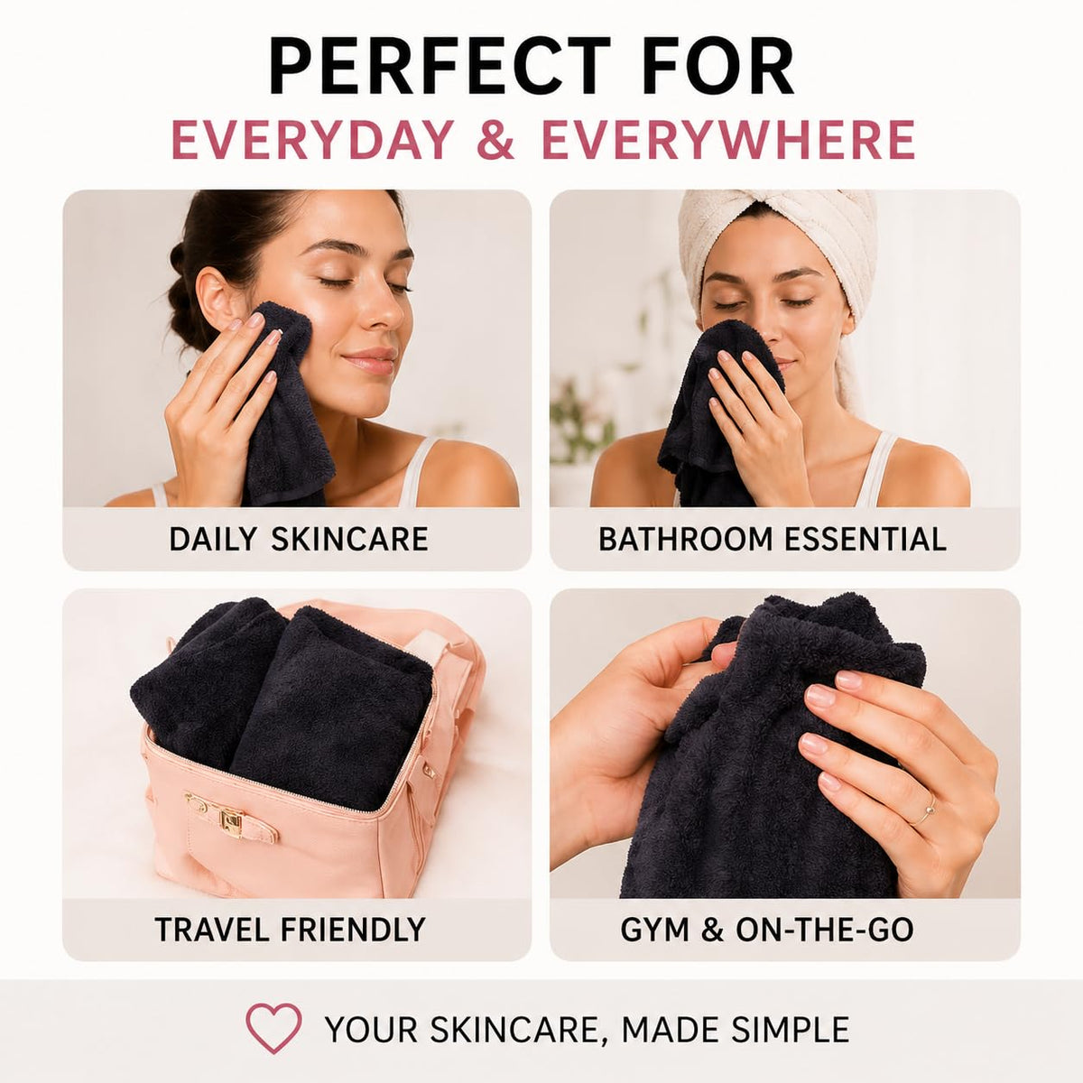 EVERLYGOODS Reusable Makeup Remover Cloths, Microfiber Face Towels, 12 x 12 Inch, Washable & Eco-Friendly, Pink & Black