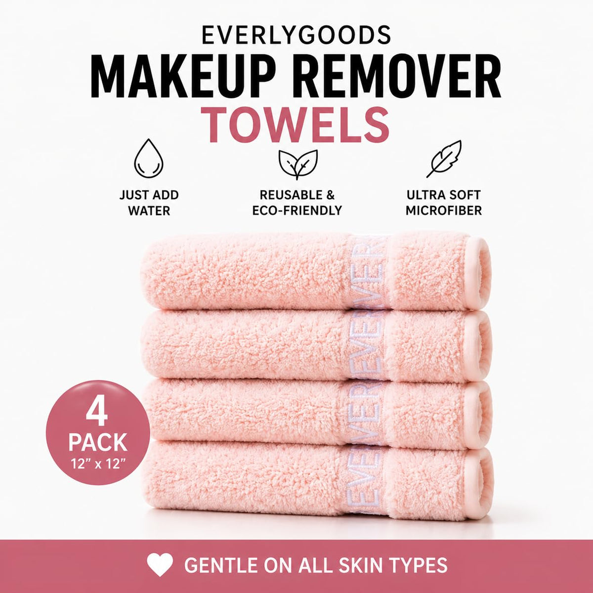 EVERLYGOODS Reusable Makeup Remover Cloths, Microfiber Face Towels, 12 x 12 Inch, Washable & Eco-Friendly, Pink & Black