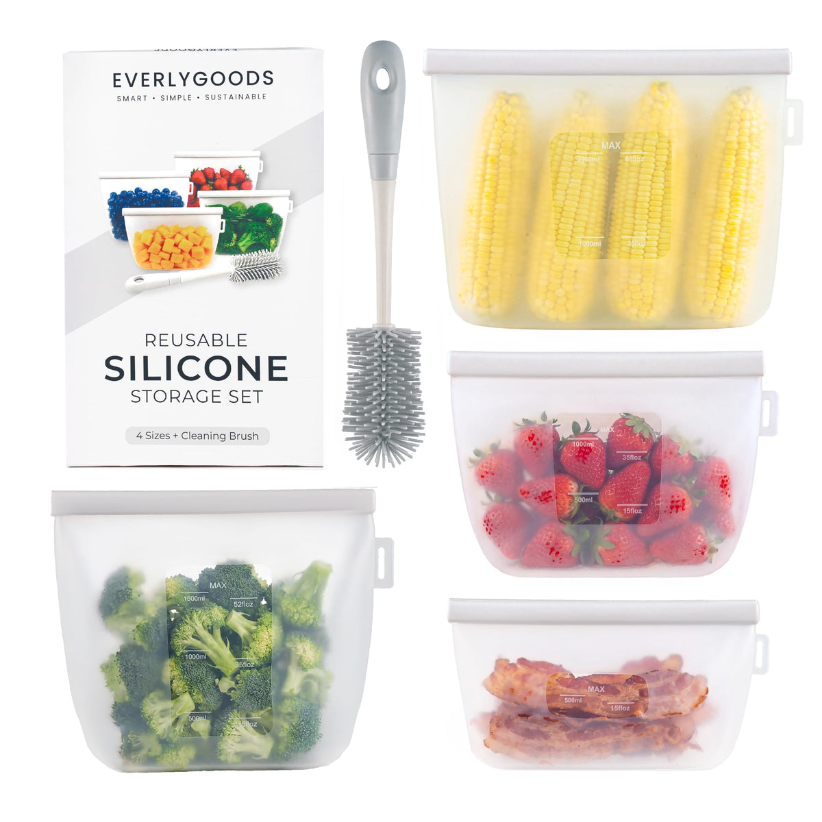 Everlygoods FreshLock Reusable Silicone Food Storage Bags 4 Pack with Cleaning Brush