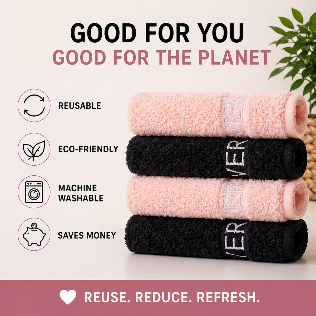 EVERLYGOODS Reusable Makeup Remover Cloths, Microfiber Face Towels, 12 x 12 Inch, Washable & Eco-Friendly, Pink & Black