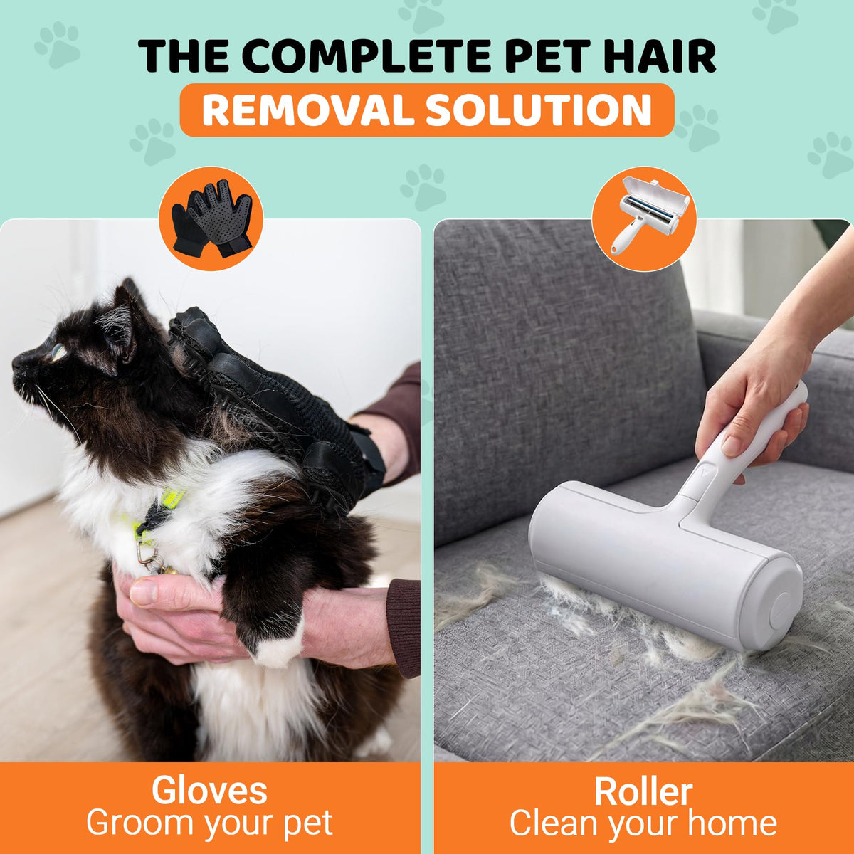 Pet Hair Remover Roller with Grooming Gloves – Reusable Lint Roller for Dog & Cat Hair, Furniture, Couch, Carpet & Clothes – 2-in-1 Pet Hair Removal Kit
