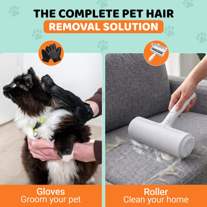 Pet Hair Remover Roller with Grooming Gloves – Reusable Lint Roller for Dog & Cat Hair, Furniture, Couch, Carpet & Clothes – 2-in-1 Pet Hair Removal Kit