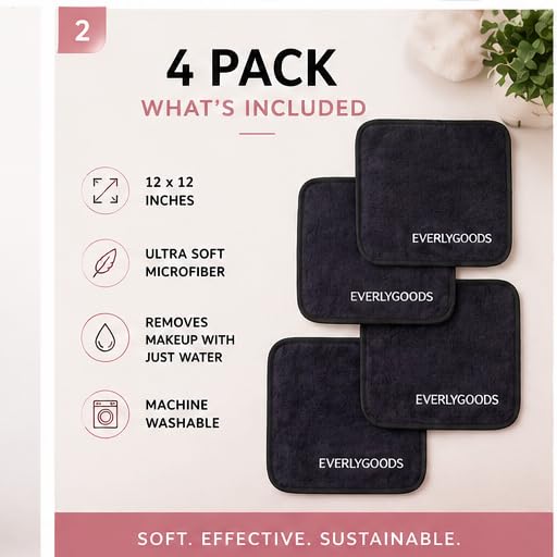EVERLYGOODS Reusable Makeup Remover Cloths, Microfiber Face Towels, 12 x 12 Inch, Washable & Eco-Friendly, Pink & Black