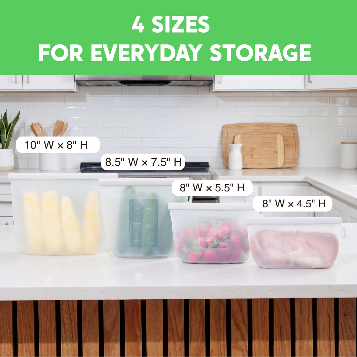 Everlygoods FreshLock Reusable Silicone Food Storage Bags 4 Pack with Cleaning Brush