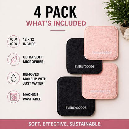 EVERLYGOODS Reusable Makeup Remover Cloths, Microfiber Face Towels, 12 x 12 Inch, Washable & Eco-Friendly, Pink & Black