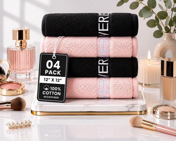 EVERLYGOODS Reusable Makeup Remover Cloths, Microfiber Face Towels, 12 x 12 Inch, Washable & Eco-Friendly, Pink & Black