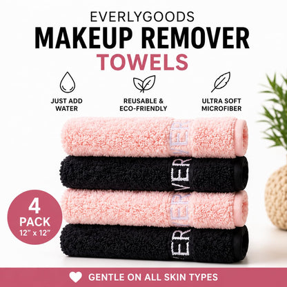 EVERLYGOODS Reusable Makeup Remover Cloths, Microfiber Face Towels, 12 x 12 Inch, Washable & Eco-Friendly, Pink & Black